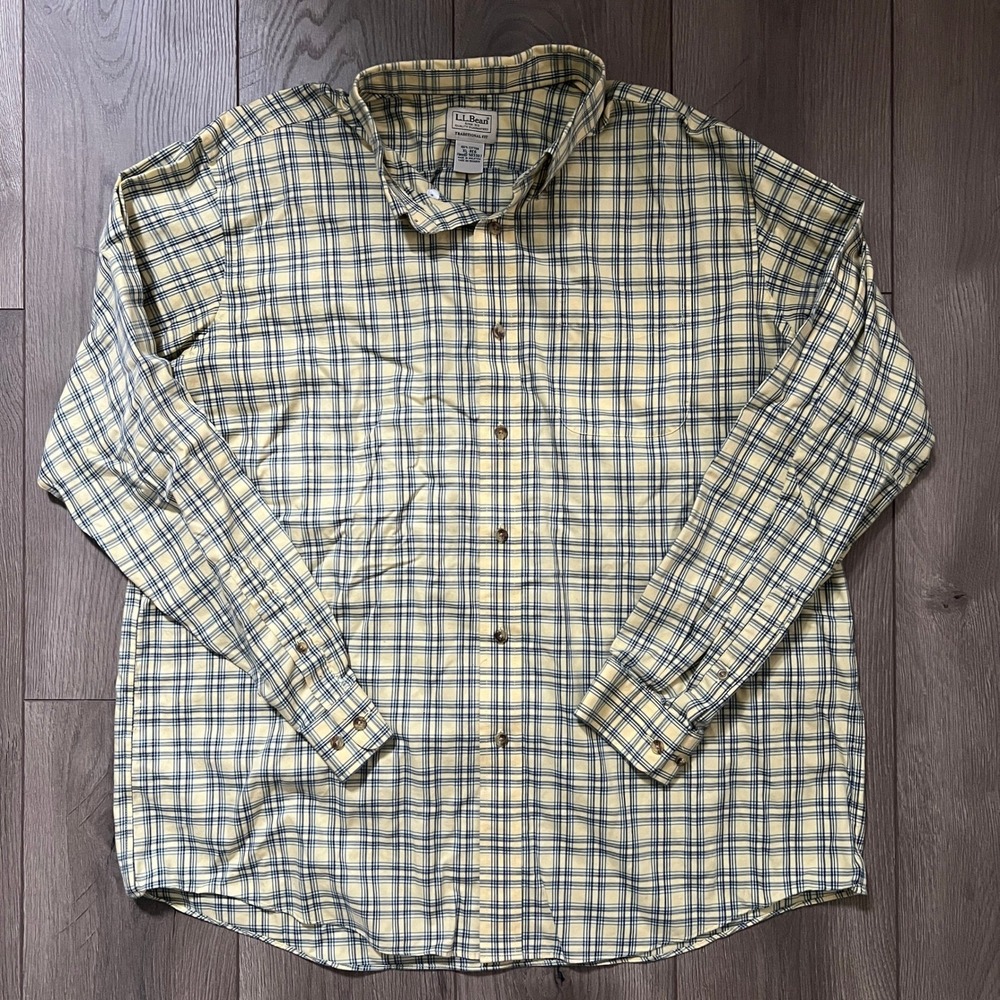 LL Bean Mens XL Traditional Fit Plaid Button Down Shirt Yellow Blue 503307